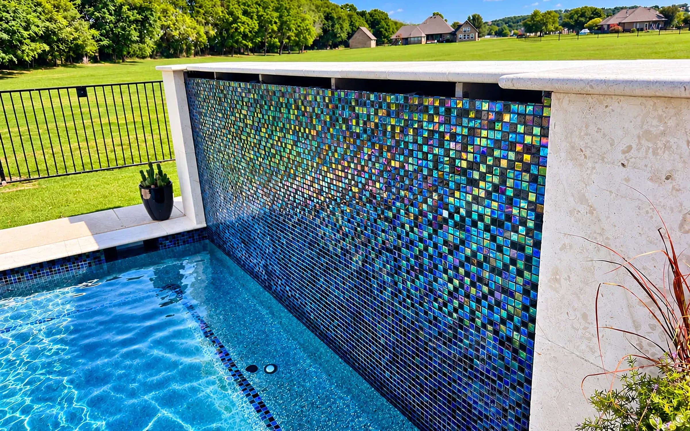Iridescent glass-tile water wall framed in cut limestone above a pool