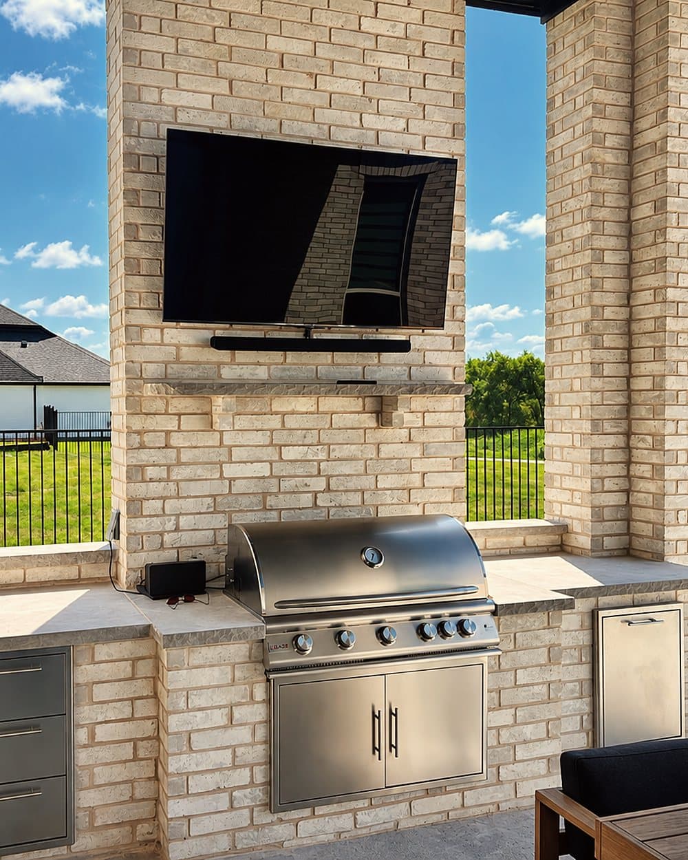 Brick and stone outdoor kitchen with built-in grill