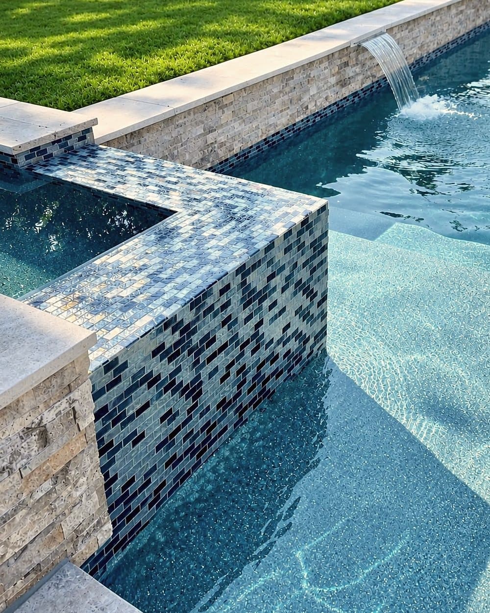 Glass waterline tile and stone coping on a raised spa spilling into a pool