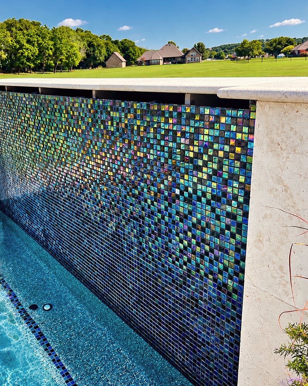Raised beam clad in iridescent glass tile above a pool